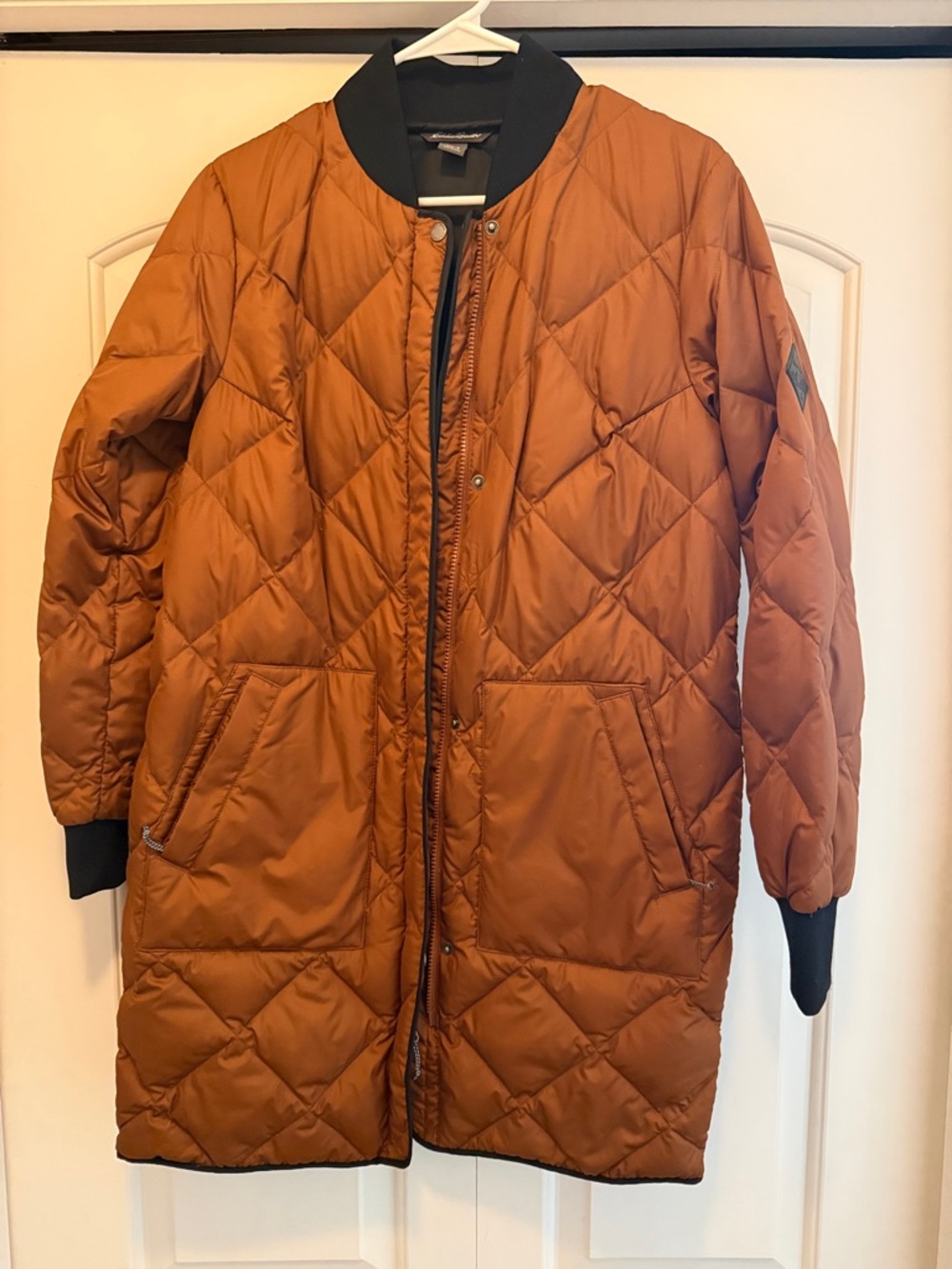 Eddie Bauer Long Quilted Puffer Jacket in Rust Orange